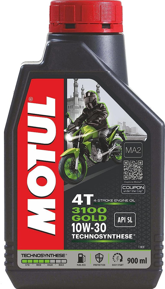 Motul 3100 4T Gold Technosynthese High Performance 10W30 API SL Semi Synthetic Engine Oil for Bikes (0.9 L)