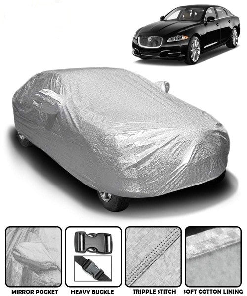 Fabtec Waterproof and Heat Resistant Metallic Silver Mirror Pocket Car Body Cover for Jaguar XF with Soft Cotton Lining
