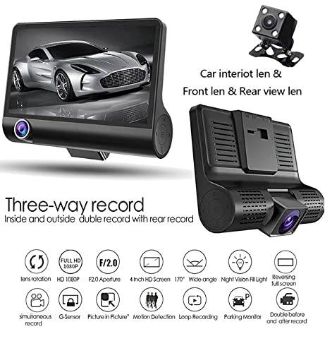 AUSHA 3 Channel Dash Camera Full HD 1080p, Front,Inside, Rear Camera | 170° Wide Angle | Night Vision | G-Sensor, Parking Monitor, and Loop Recording Dashboard Cam for Car Security