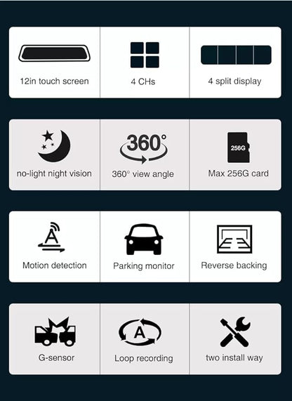 BEEBIRD 360 Degree Dash Camera for Car with Night Vision | Full HD | 12" Touch Screen | Parking Assistance, G-Sensor and Loop Recording | 4 Cameras (Left, Right, Front and Rear) Dashboard Dashcam