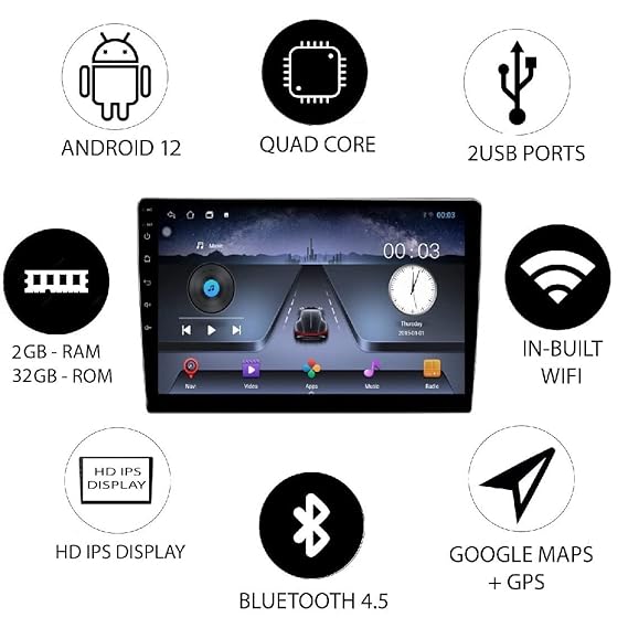 AUTO SNAP 9 Inch HD Android Double Din Stereo Player 13 Android Version Gorilla Glass IPS Display Car Stereo Touch Screen Flashing 2GB RAM 32GB ROM for All Cars