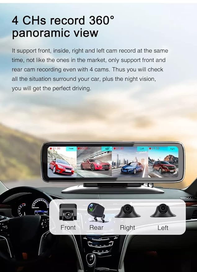 BEEBIRD 360 Degree Dash Camera for Car with Night Vision | Full HD | 12" Touch Screen | Parking Assistance, G-Sensor and Loop Recording | 4 Cameras (Left, Right, Front and Rear) Dashboard Dashcam