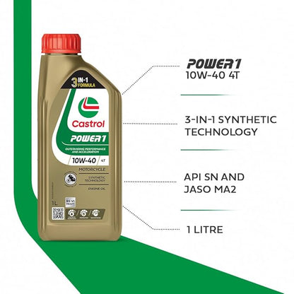 Castrol POWER1 10W-40 4T Synthetic Engine Oil for Bikes | With 3-in-1 Synthetic Technology | Meant for High Performance Bikes | BS VI Ready |1L