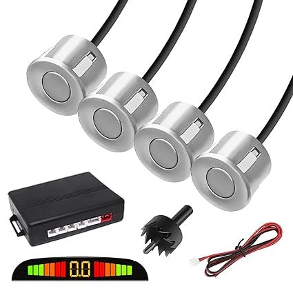 Car Reverse Parking Sensor with LED Display, Buzzer and Ultrasonic Reverse Auto Parking Assist System (Set of 4 Pcs) (Silver)