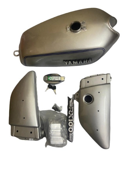 YAMAHA RX100  FUEL TANK COMPLETE BODY KIT/SIDE PANEL SET ( SILVER- Blue Lining )