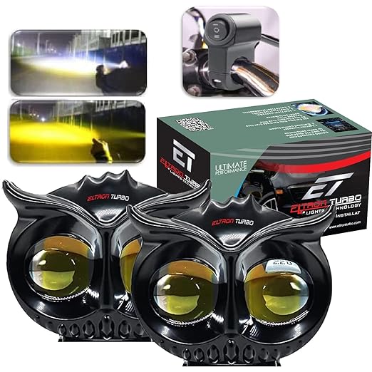 ELTRON TURBO 3 Months Warranty OWL Shape Imported Fog Light 12V 45w DC, Auxiliary Spot Projector Yellow And White Beam Off-Roading Universal for All Motorcycle, Bikes, Scooty (Pack Of 2 And Switch)