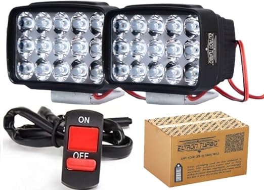 ELTRON TURBO ELT541YGRT Original Imported 12V DC Power Waterproof 15 LED Fog Head Lamp, Bar Light Off-Roading Universal For All Motorcycle, Bikes, Scooty (Pack of 2, Free On/Off Switch, White)