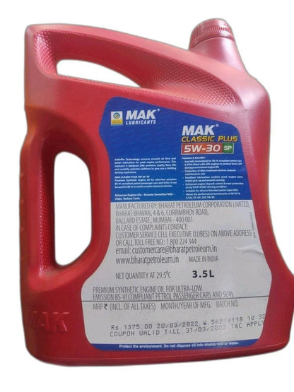 5W-30 MAK Classic Plus Engine Lubricant Oil, For Automobiles, Can of 3.5 Litre