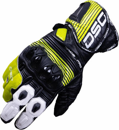 DSG RACE PRO GLOVE (COLOR - BLACK YELLOW FLUO WHITE) (SIZE - 2X LARGE) - MOTORCYCLE FULL GAUNTLET LEATHER GLOVE, 2XL