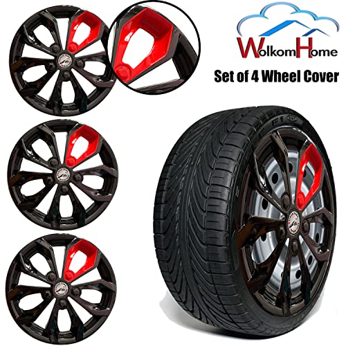 WolkomHome car Wheel Cap, Hub Cap Wheelcover Wheel Cover 15 Inch Universal for All 15 inch Wheel Size Cars Furry Black Red Patch Set of 4 pc Best car Accessories