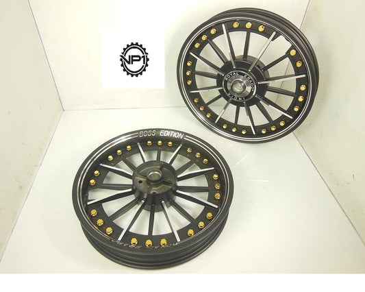 Alloy Wheels with Golden Colored Rivets For Royal Enfield Standard 19''/19'' (Set of 2, Black)