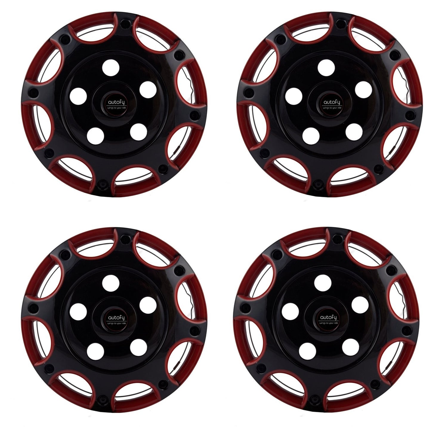 Autofy 15-inch 8 Spokes Snap-On Universal Wheel Cap Wheel Cover Hub Cap with Lug Nut Holes (Set of 4, Black and Red)