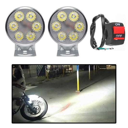 Motor Duniya 6 LED Small Round Spot Beam LED Bike Aux Lights White Set of 2 with Switch for All Bikes