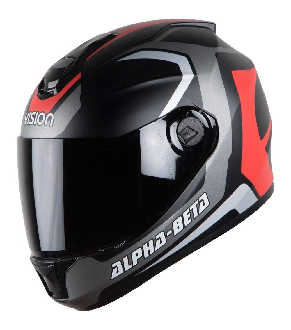 Steelbird ALPHA-BETA Newly Launched Full Face Graphics Helmet in Matt Finish with Smoke Visor (Matt Grey/Red)