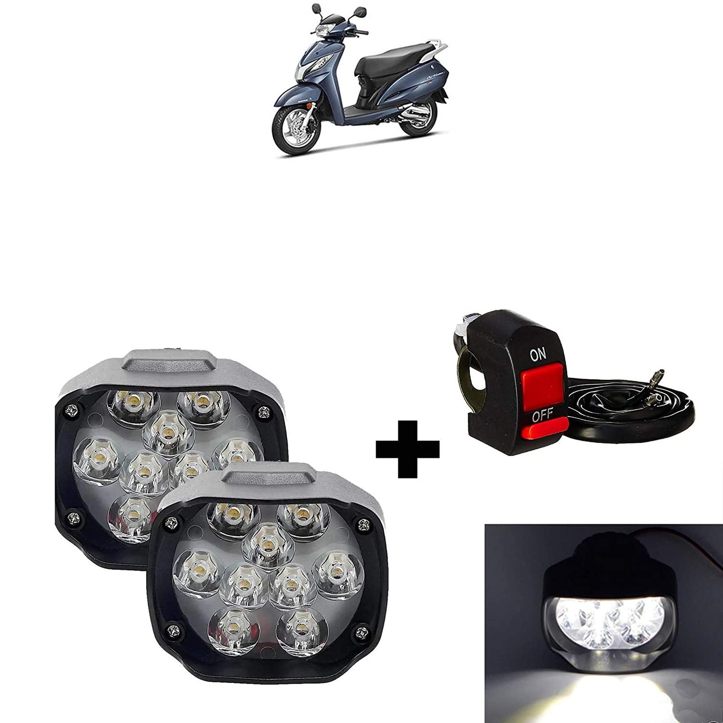 VP1 Universal Bike 9 Led Fog Light/Headlight with Switch for Honda Activa 125 (Set of 2)