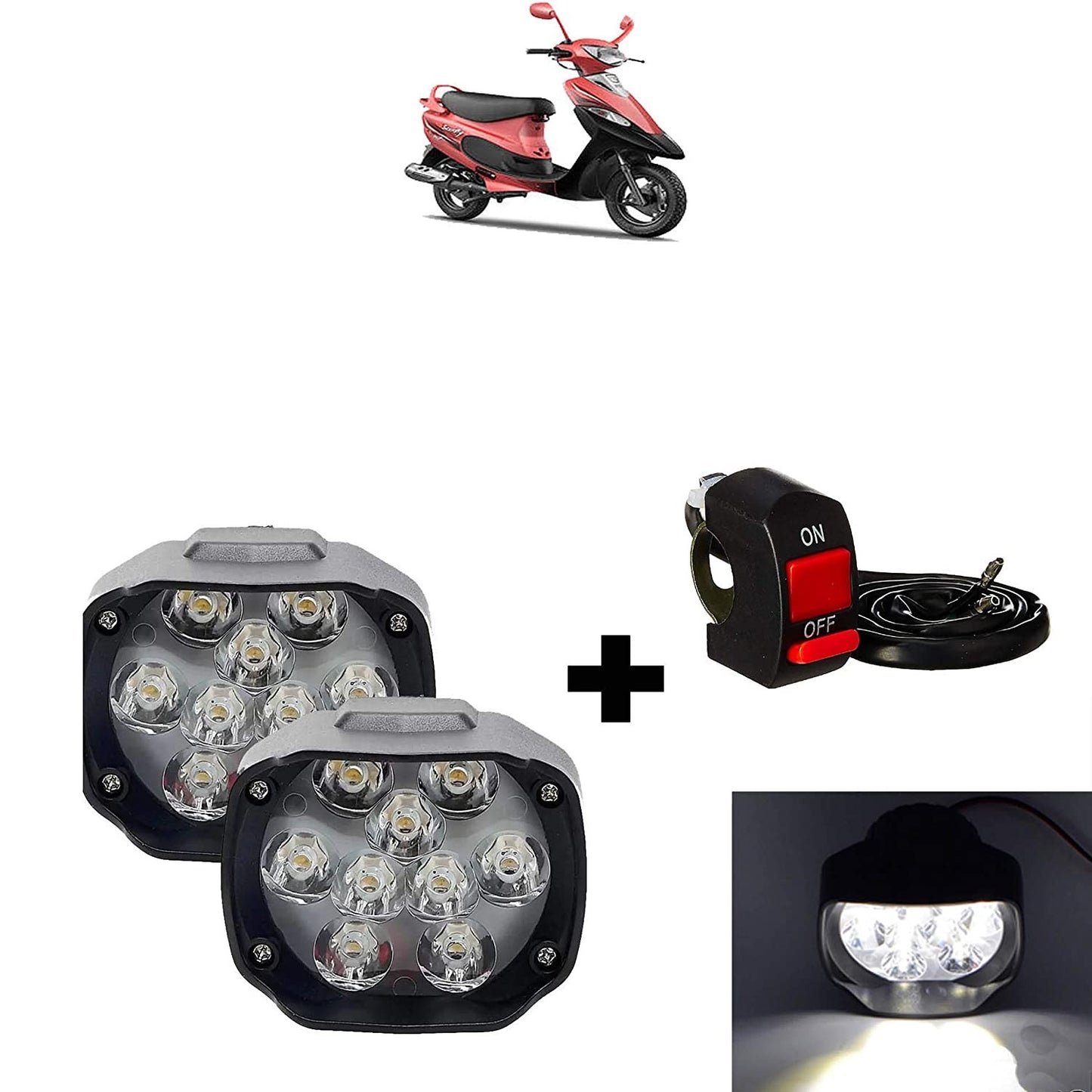 Universal Bike 9 Led Fog Light/Headlight with Switch for TVS Scooty pep Plus (Set of 2)